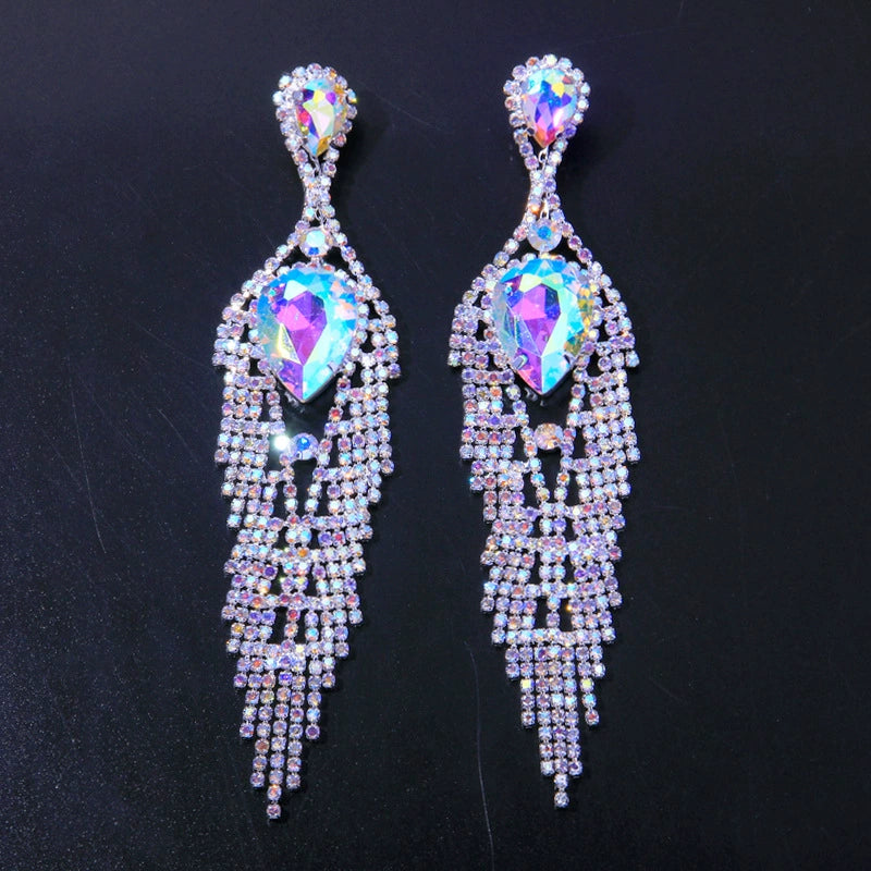 Fashion earrings mixed color long tassel earrings ethnic style diamond nightclub earrings
