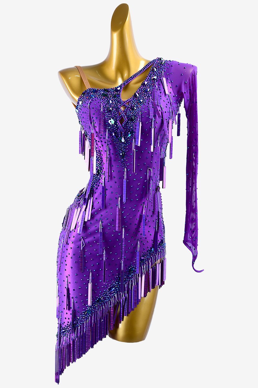 Violet lustre lycra Latin dress with mesh sleeve,  sequins, darkblue rhinestones & sew-on stones image 0