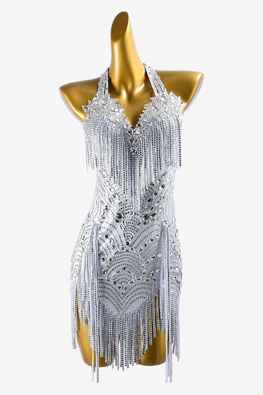 Silver metallic lycra Latin dress with lace appliqués, stone fringes white crystals & sew-on stones image 0