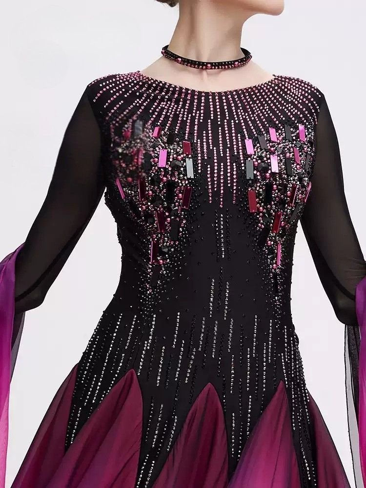 Bailebelle Fashion 2025 new national standard modern dance performance costumes large swing skirt ballroom dance gradient Black, Pink image 1
