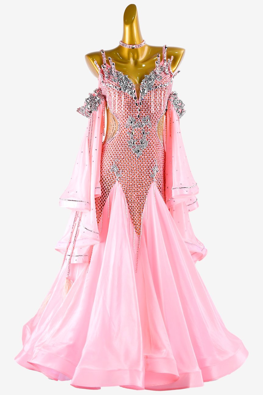 Pink Crystal Fishnet Standard Dress with Stretch Satin Underskirts, Lace, Float, and Rhinestone Beading image 0
