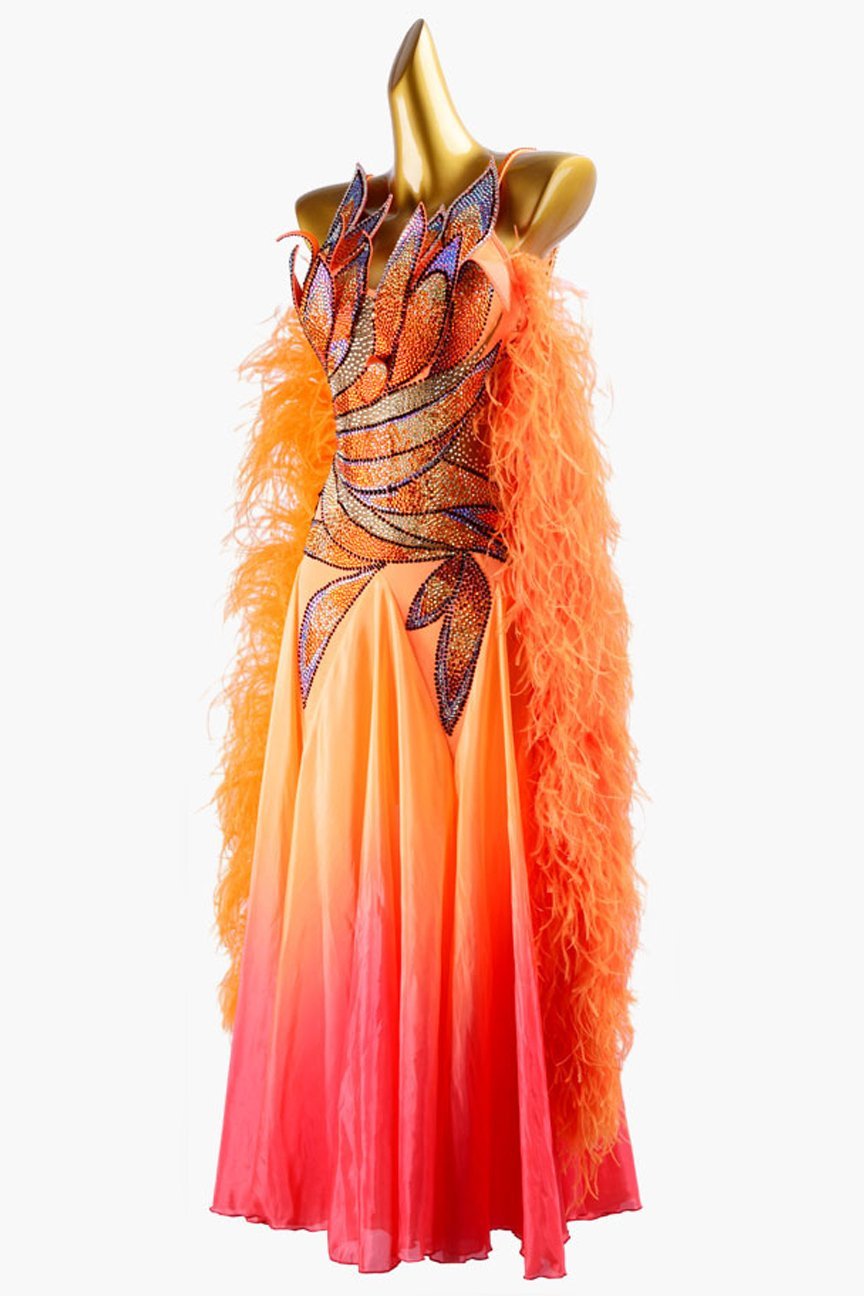 Orange lycra Standard dress with shaded pearl chiffon underskirt, rhinestone applique & feather boas image 2