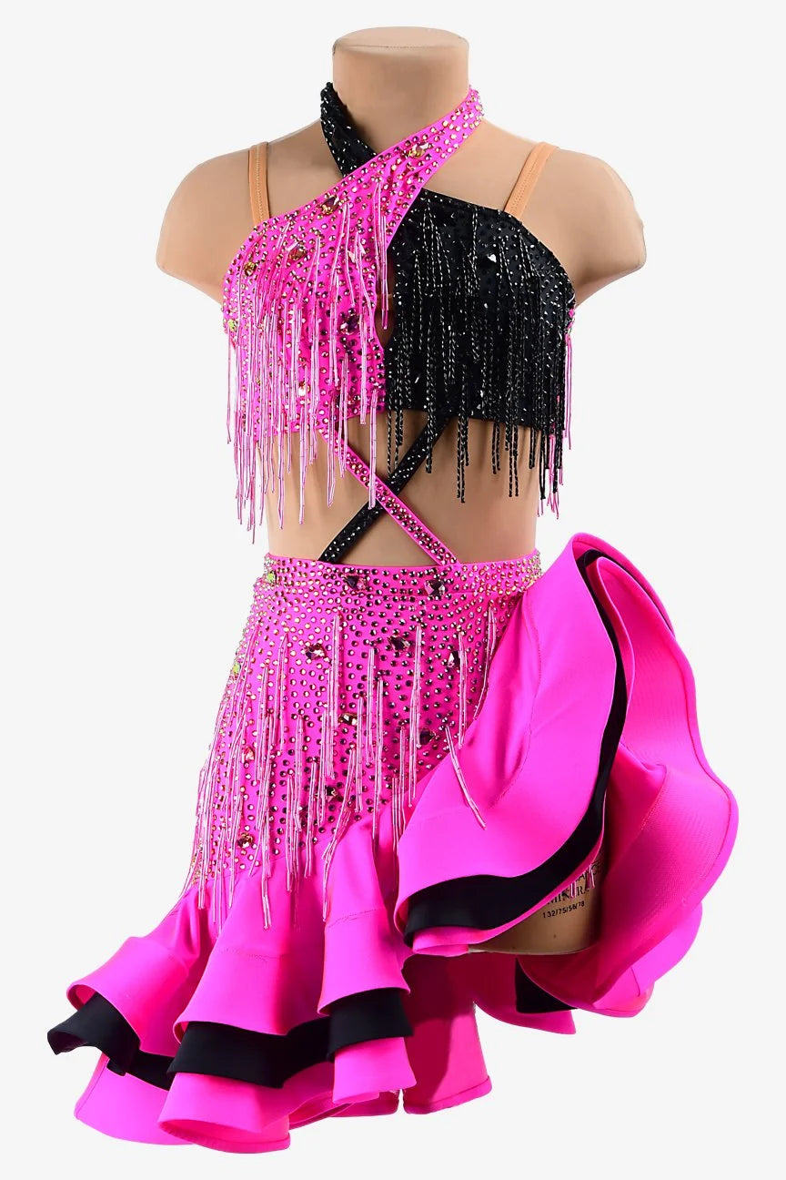 Phosphor & black matt lycra Latin dress with beaded fringes, crystal AB & sew-on stones image 0