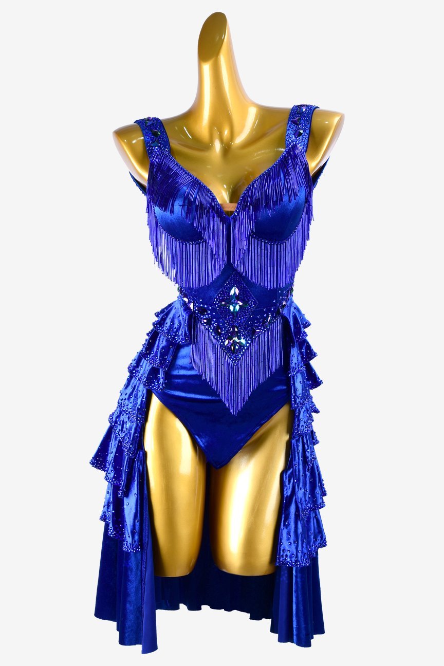 Mediumblue stretch velvet Latin dress with beaded fringe, rhinestones & AB sew-on stones image 0
