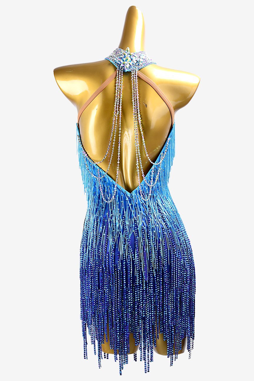 Dark blue shaded Latin dress with fully beaded fringe, stone fringes, AB crystals & sew-on stones image 3