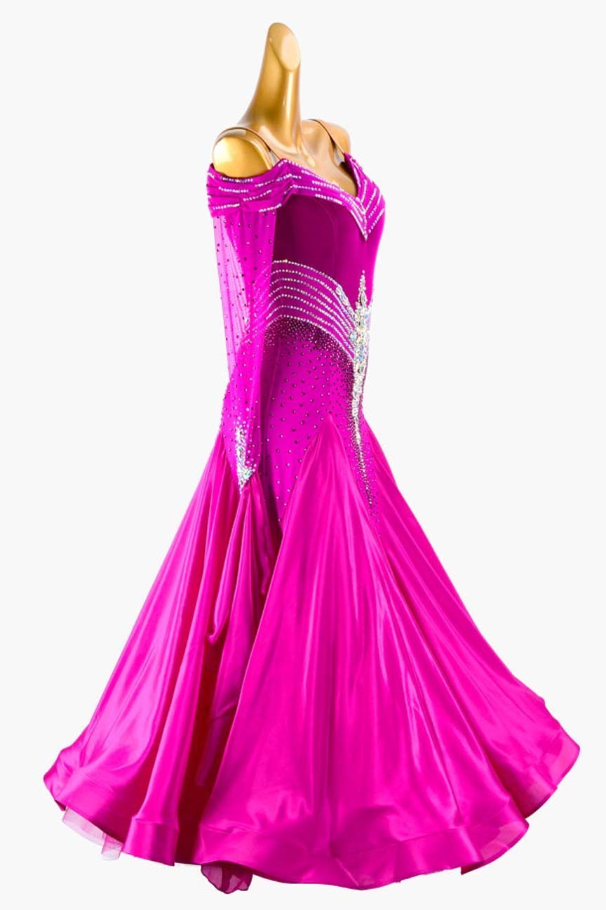 Dark Magenta Velvet and Lycra Splicing Ballroom Dress with Pearl Chiffon Underskirts and Mesh Accents image 2