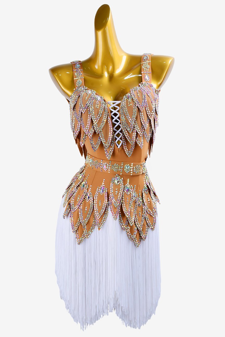 Peru matt lycra Latin dress with crystal AB and white fringes image 0