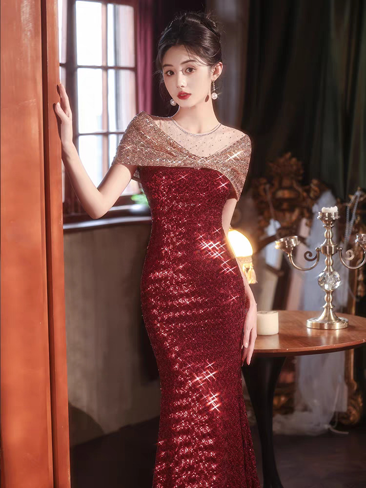 Bailebelle Fashion New Design Red for Women Off Shoulder Banquet Host Engagement Toast Long Length Mermaid Evening Dress Red Rose, Silver image 9