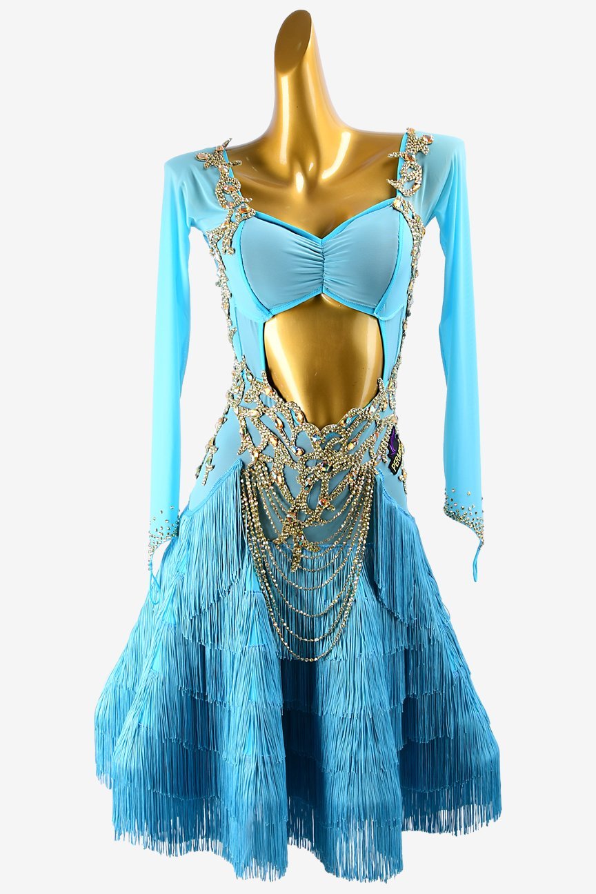 Light skyblue mesh Latin dress with fringes, gold lace appliqués,  AB sew-on stones & crystals image 0
