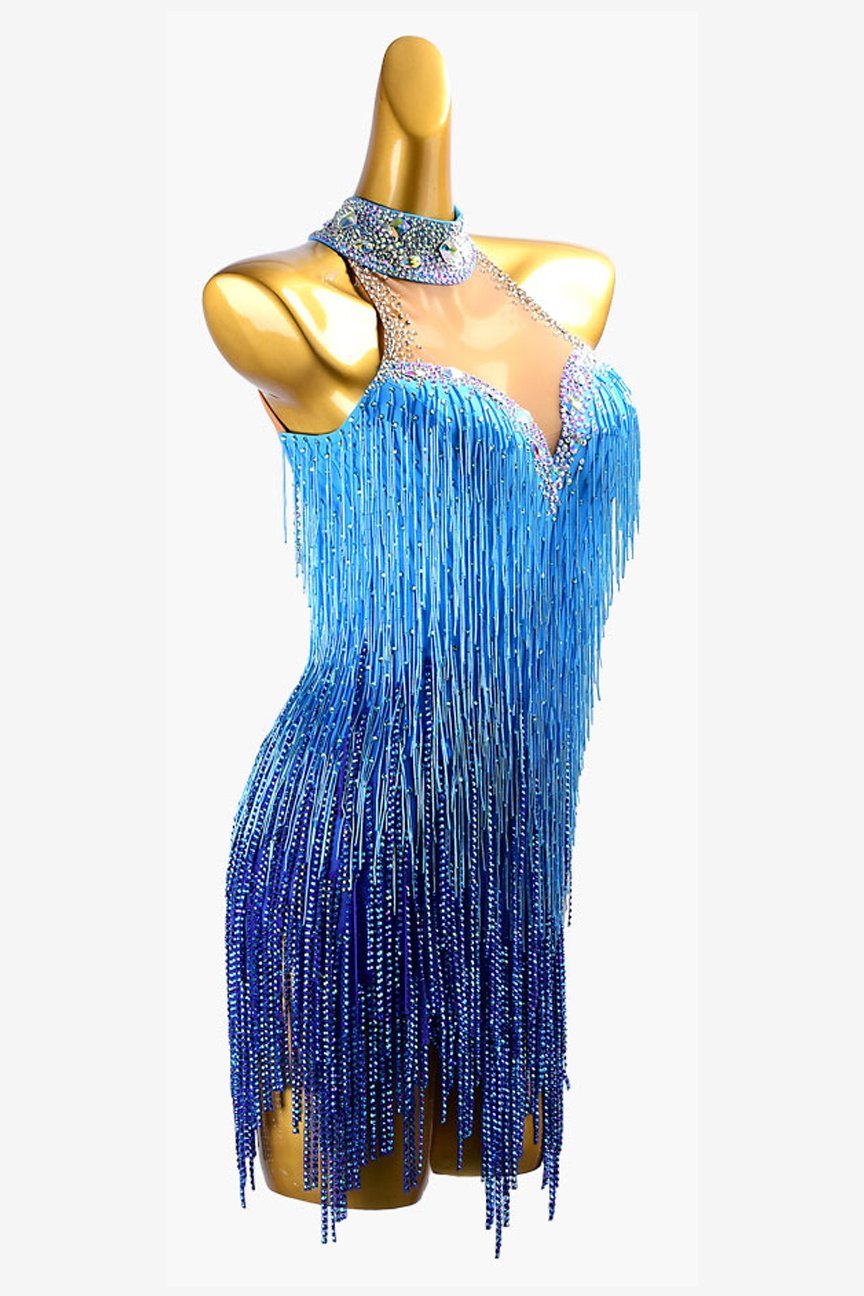 Dark blue shaded Latin dress with fully beaded fringe, stone fringes, AB crystals & sew-on stones image 1
