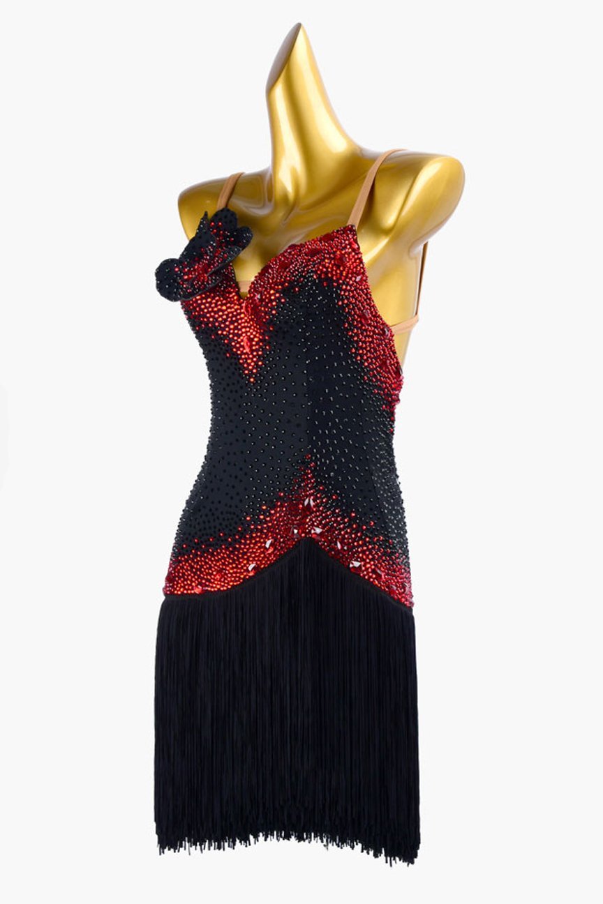 Black matt lycra Latin dress with fringes, rhinestone appliques, red crystals & sew-on stones image 2