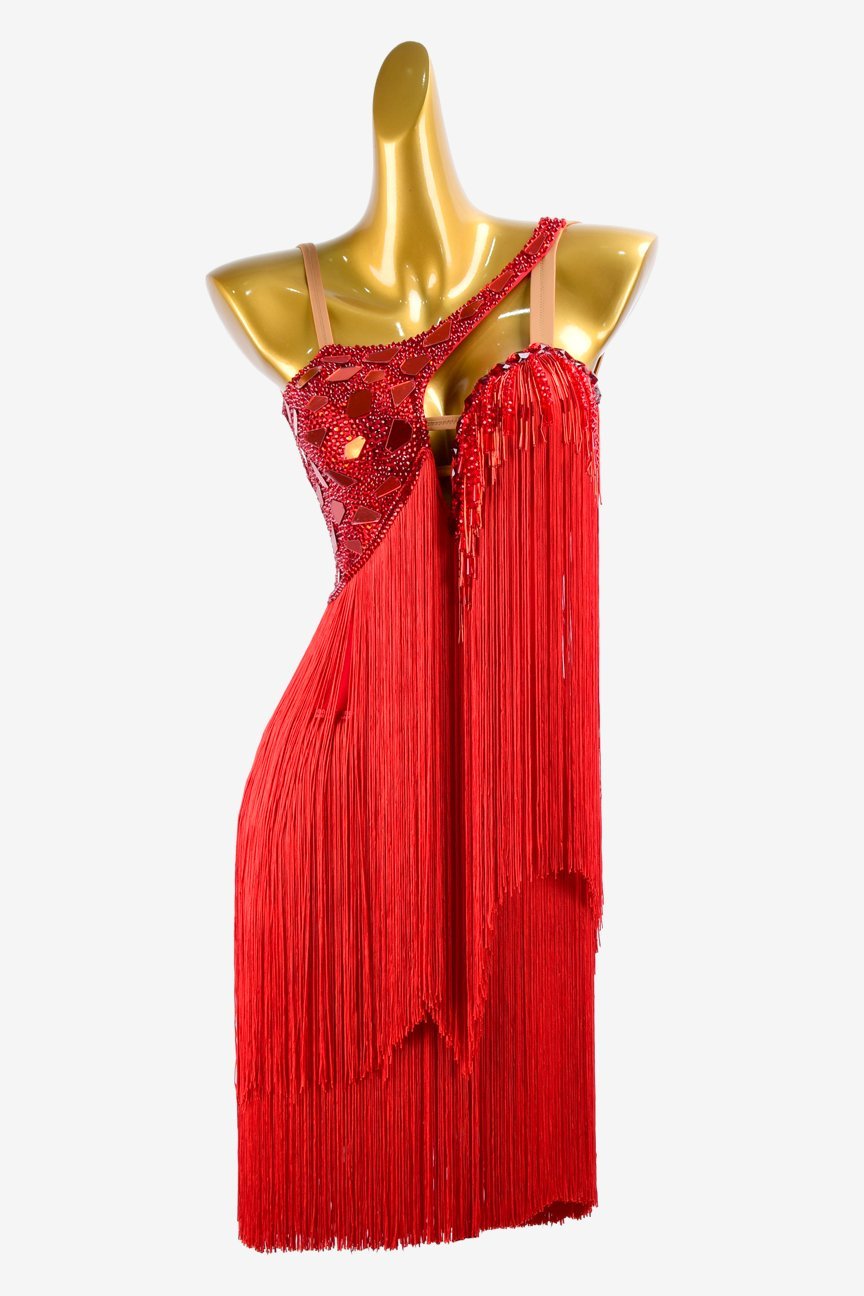 China Red Matte Lycra Latin Dress with Beaded Fringes, Mirror Stones, Rhinestones, and Fringes image 0