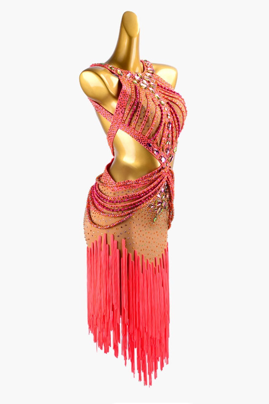Fleshtone lycra Latin dress with oranger red stone string, fringes & rhinestones image 1