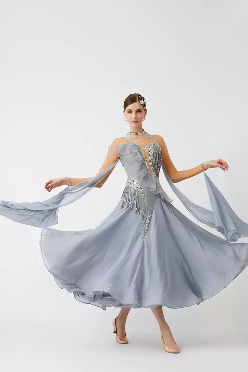 Bailebelle Fashion new national standard modern dance performance costumes high-end ballroom dance waltz skirt Silver image 3