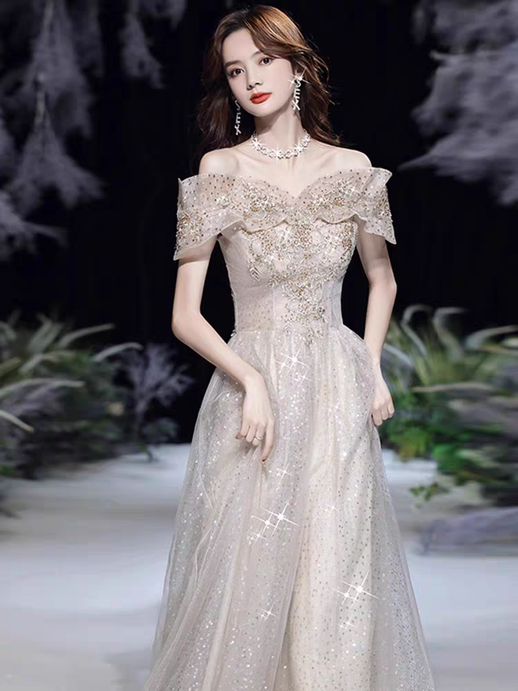 Bailebelle Fashion Luxury Eevning Dresses Boat Neck Sequins Light Champagne Off the Shoulder Mermaid Chapel Train Sleeveless Celebrity Gowns, Gray | Silver, Black image 0