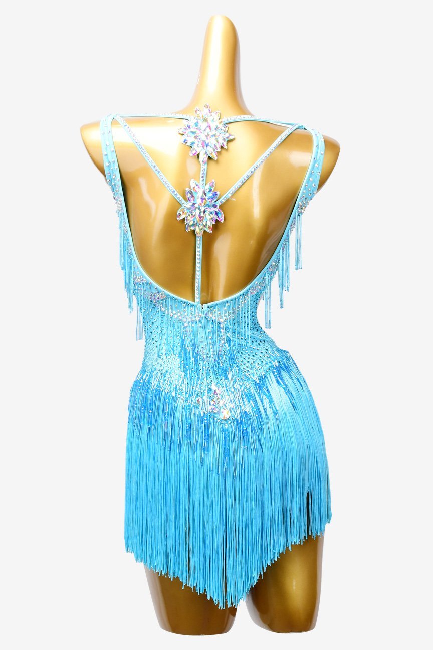 Sky blue matt lycra Latin dress with fringes, AB stones,beaded fringe & sew-on stones image 3
