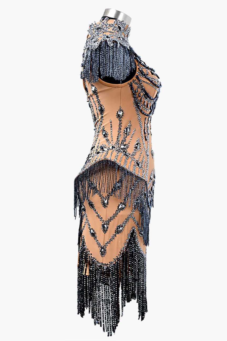 Fleshtone matt lycra Latin dress with lace appliqués, beadings, mineral gray crystals & stone fringes image 1