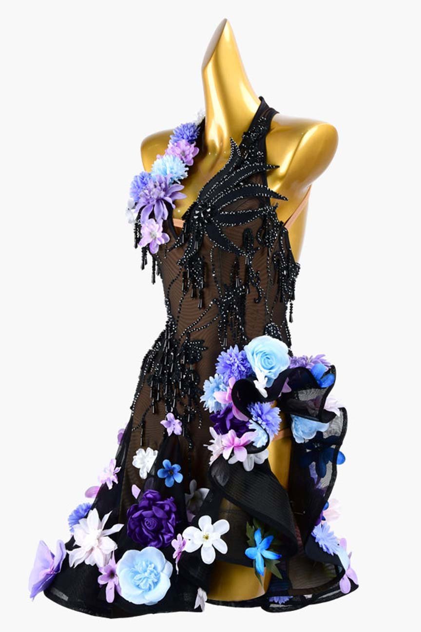 Black Mesh Latin Dress with Ruffle Fishbone Skirt, Beadings, Crystals, and Flower Appliqué image 2