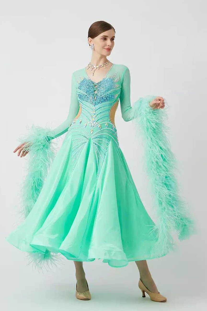 Bailebelle Fashion new ostrich feather floating pearl silk international standard dance modern dance performance uniform Light Green image 0