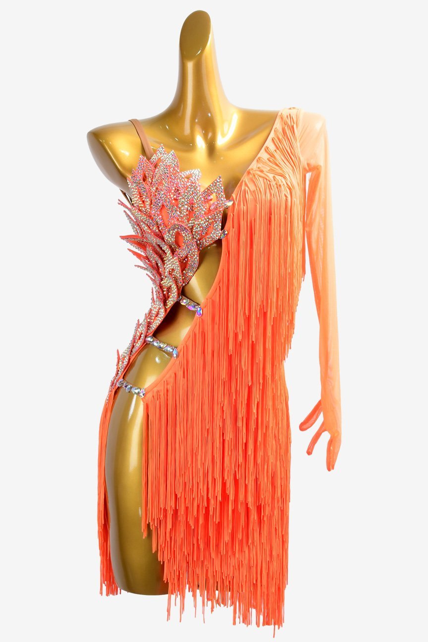 Orange Latin dress with fringe and crystal AB image 0