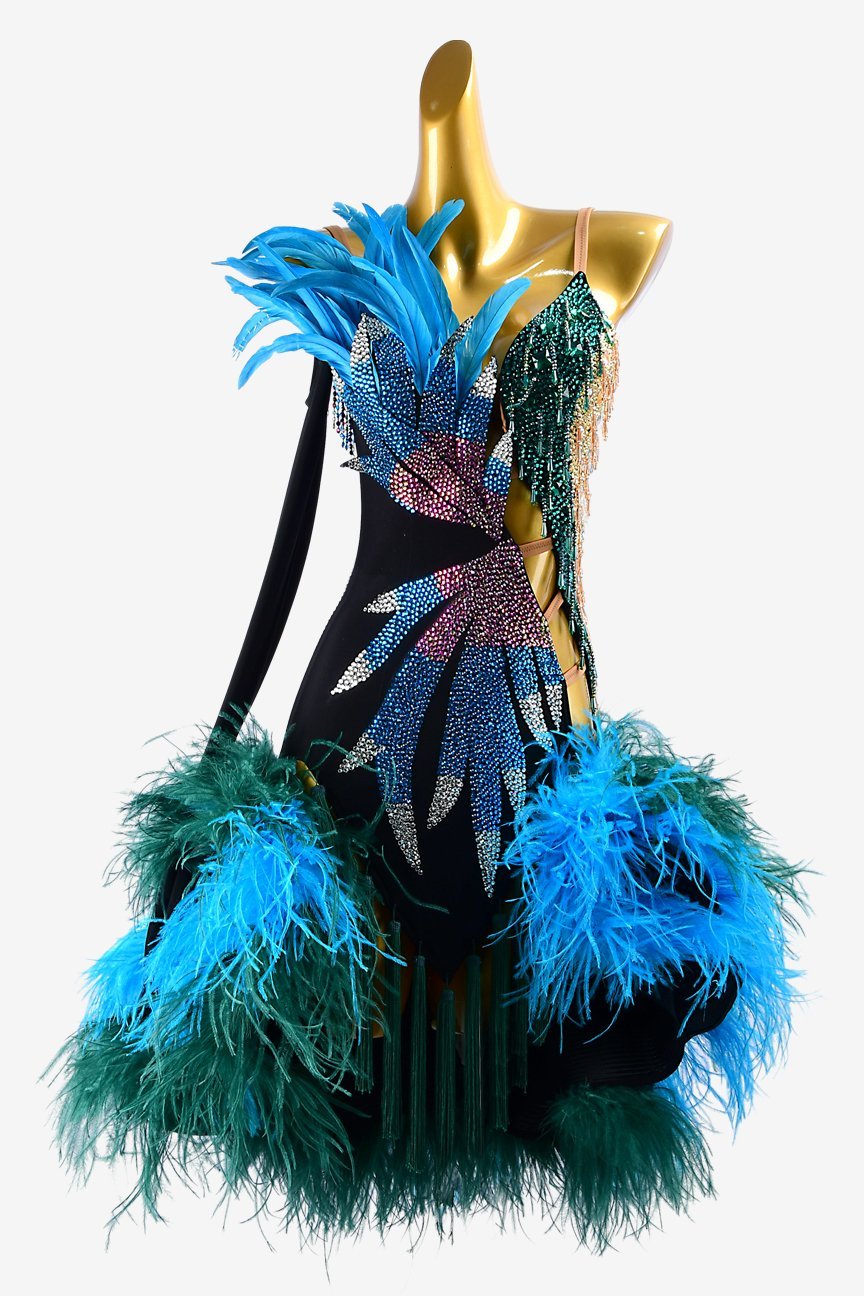 Black velvet Latin dress with rhinestones, beadings, tassels, blue&green feathers image 0