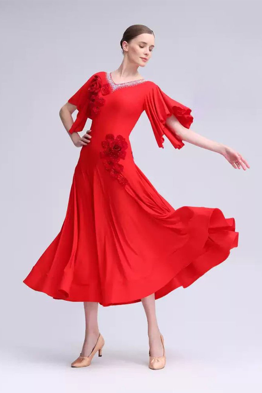 Bailebelle Fashion professional national standard modern dance one-piece practice dress with appliques and diamonds, large swing skirt customization Red image 0