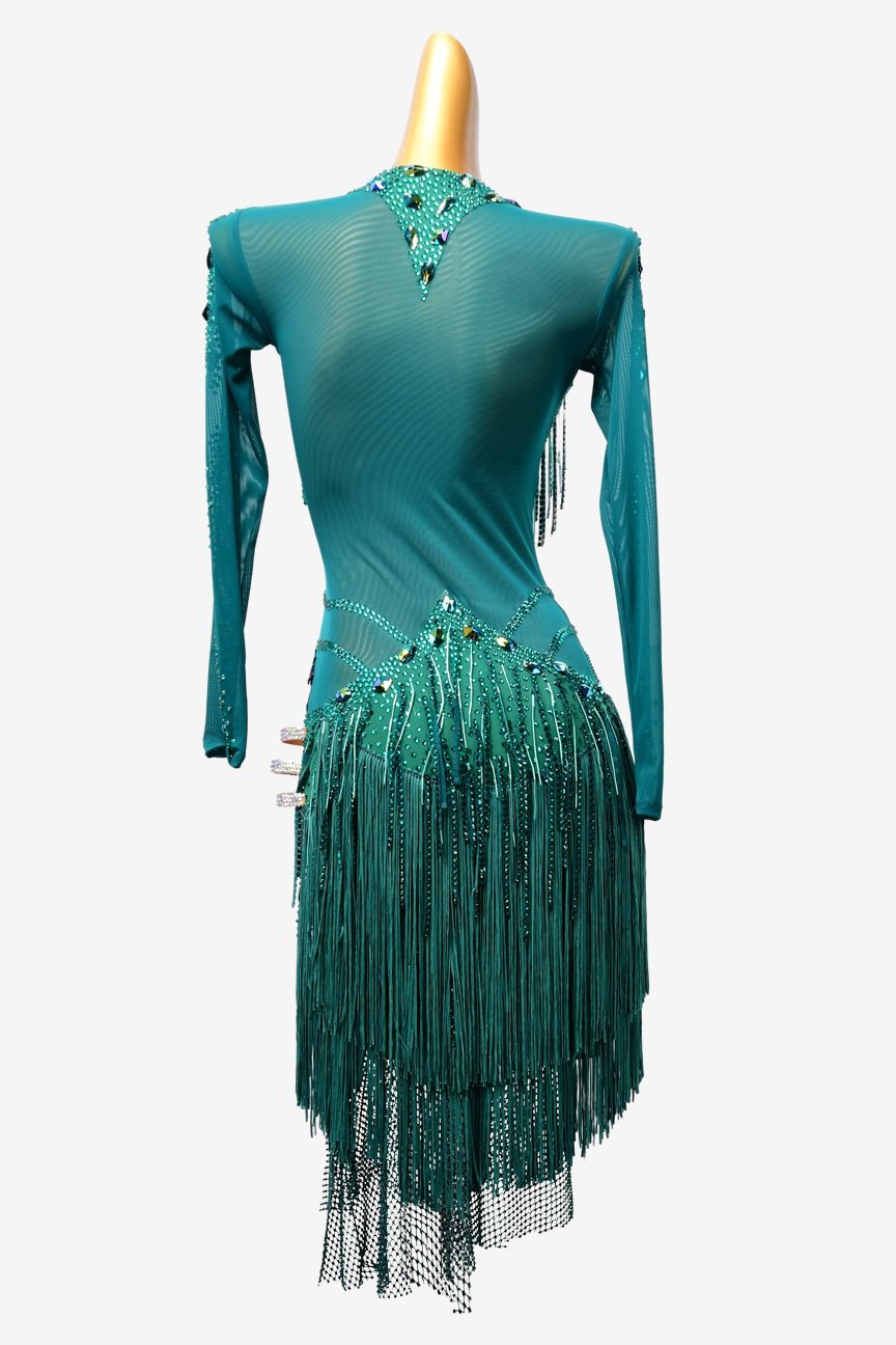 Navy blue Latin dress with stone fringes, fishnet,crystal AB and fringe image 3