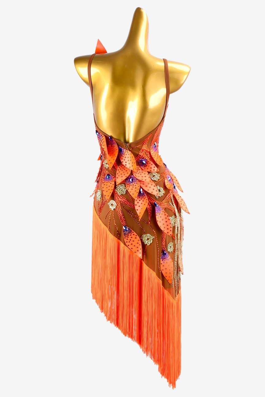 Sun oranger Latin dress with rhinestone appliques, beaded fringes, fringes & crystals image 3