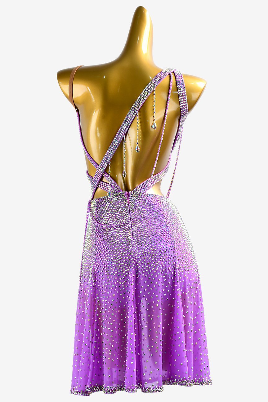 Purple stretch mesh Latin Dress with crystal AB full & sew-on stones image 0