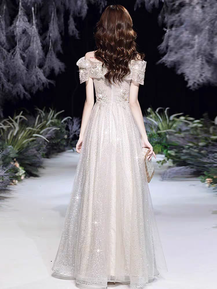 Bailebelle Fashion Luxury Eevning Dresses Boat Neck Sequins Light Champagne Off the Shoulder Mermaid Chapel Train Sleeveless Celebrity Gowns, Gray | Silver, Black image 9
