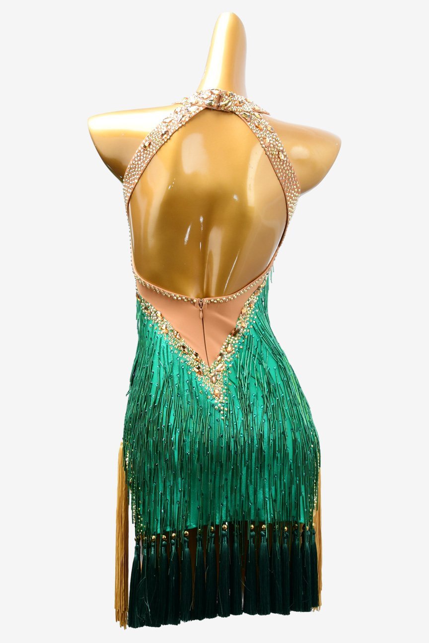Sea green Latin dress with beaded fringe,crystal AB and tassels image 3