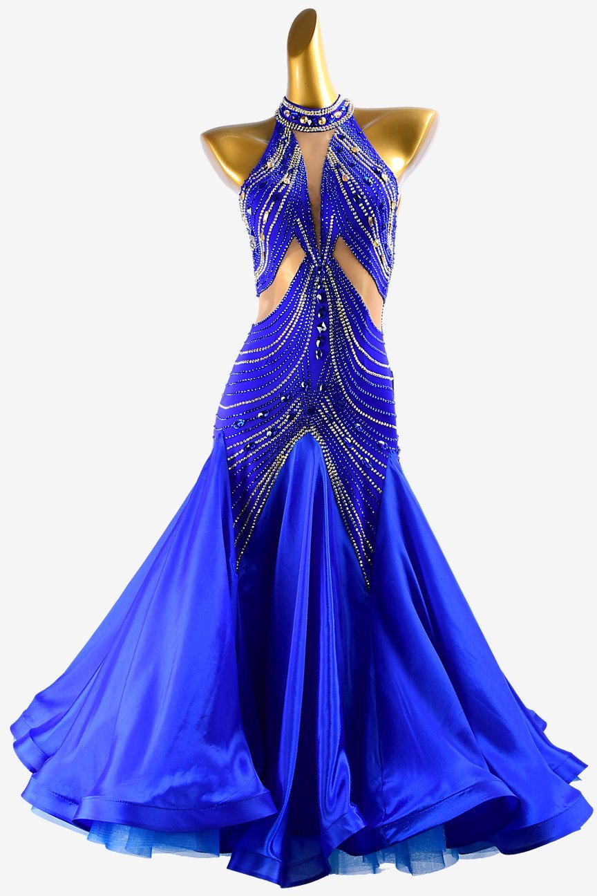 International klein blue Standard dress with pearl chiffon underskirts, gold crystals & sew-on stones image 0