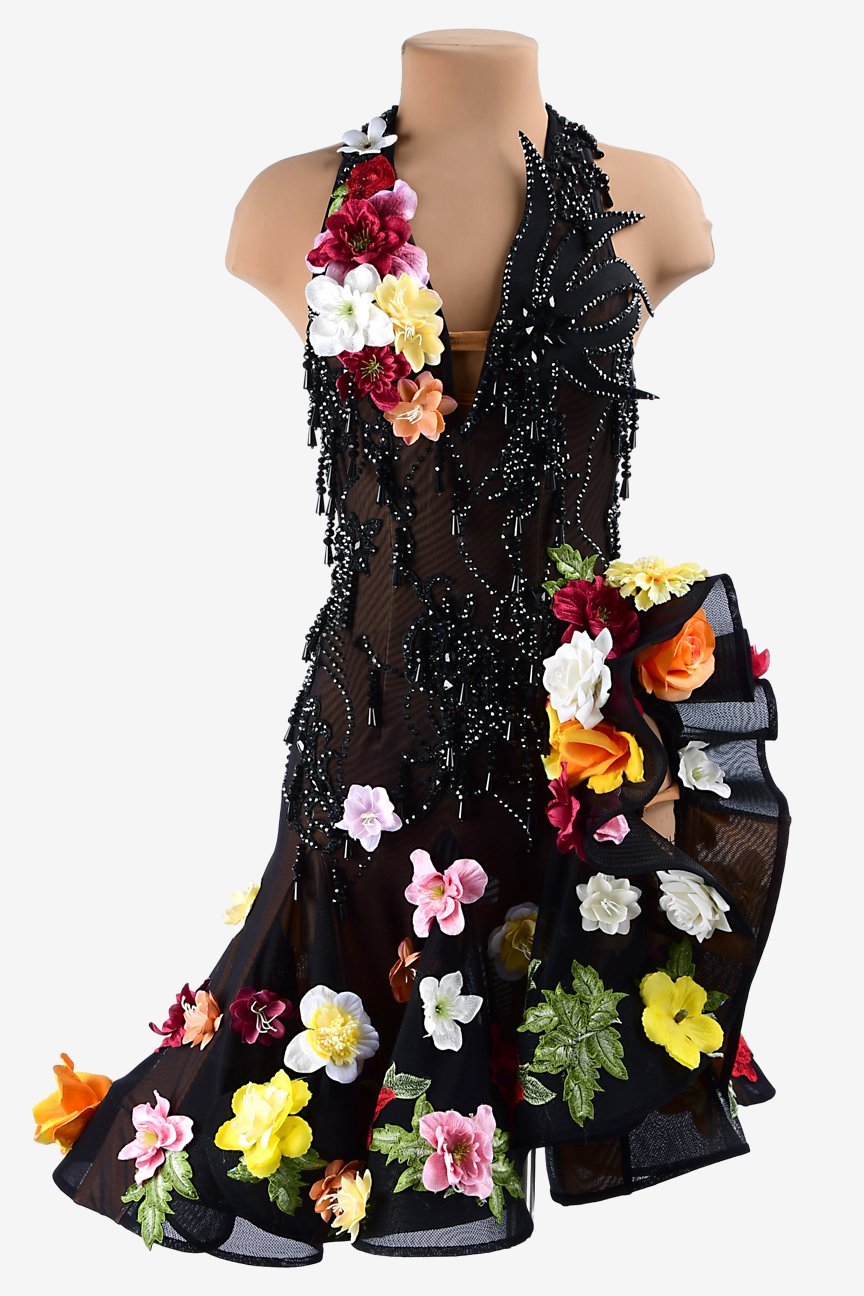 Black mesh Latin dress with ruffle fishbone underskirt ,rhinestones, lace & flower appliqués image 0
