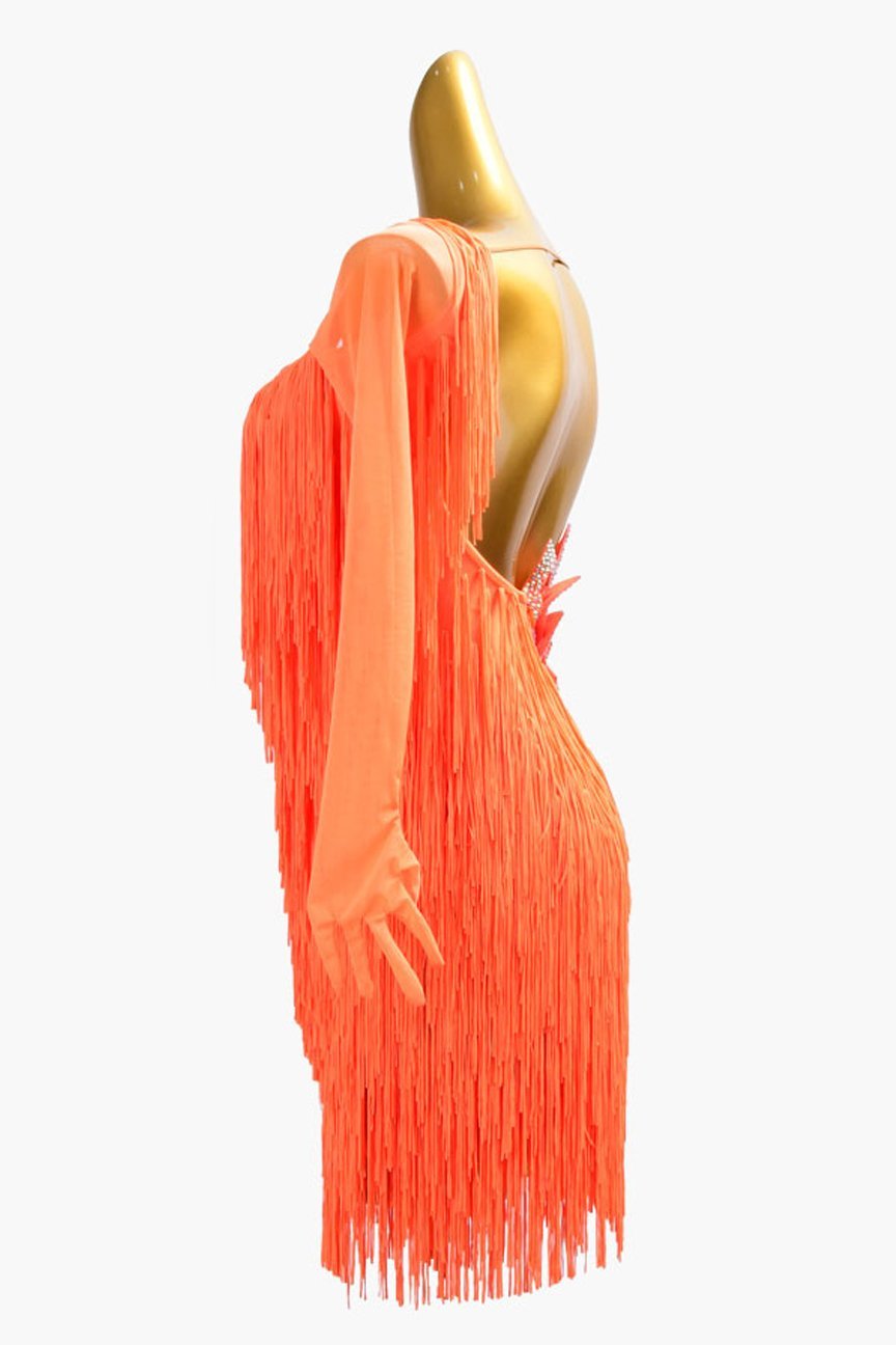 Orange Latin dress with fringe and crystal AB image 2