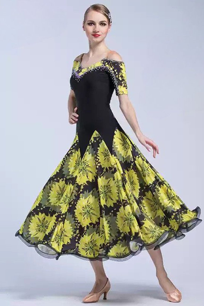 Bailebelle Fashion Dance practice skirt adult female printed dress slim practice national standard dance dress Black, Yellow image 0