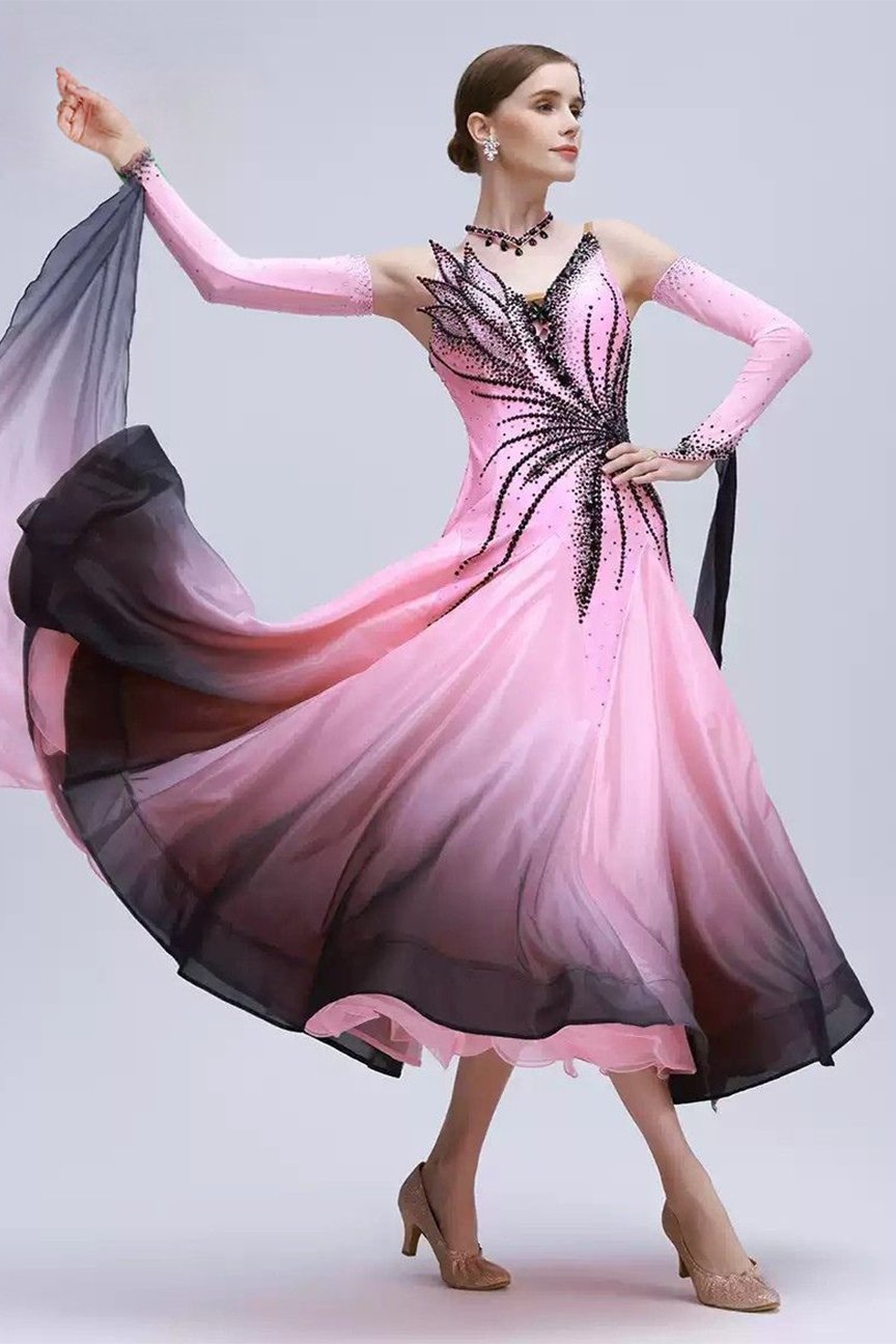 Bailebelle Fashion rhyme dance gradient color pearl silk national standard modern dance competition suit big swing performance suit custom ballroom dance skirt Black, Pink image 4