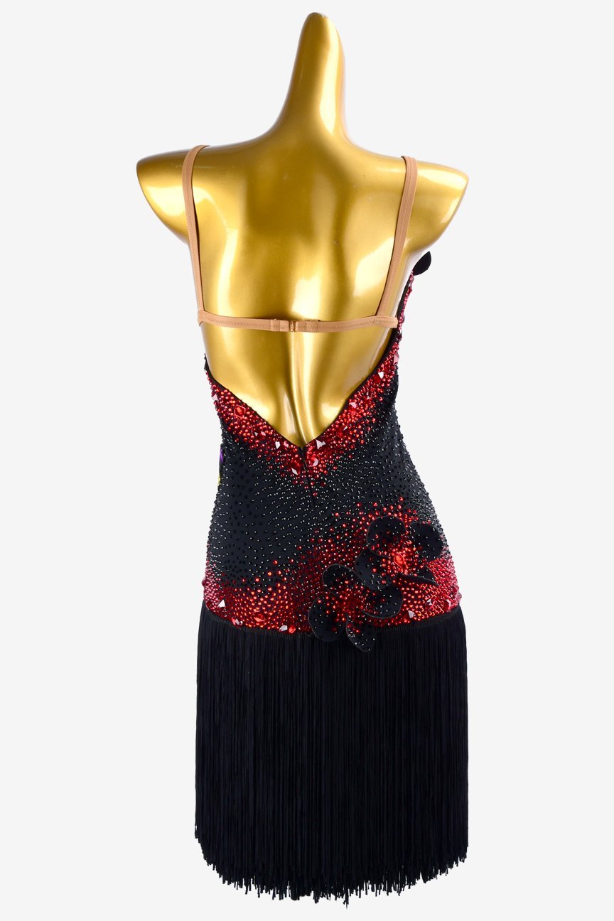 Black matt lycra Latin dress with fringes, rhinestone appliques, red crystals & sew-on stones image 3