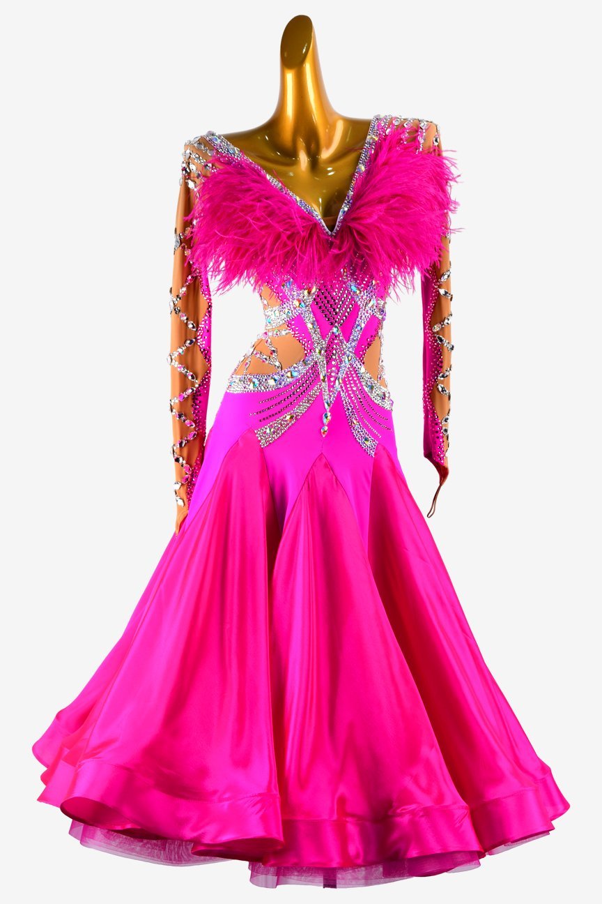 Magenta & fleshtone matt lycra standard dress with pearl chiffon underskirt, AB stones & feathers image 0