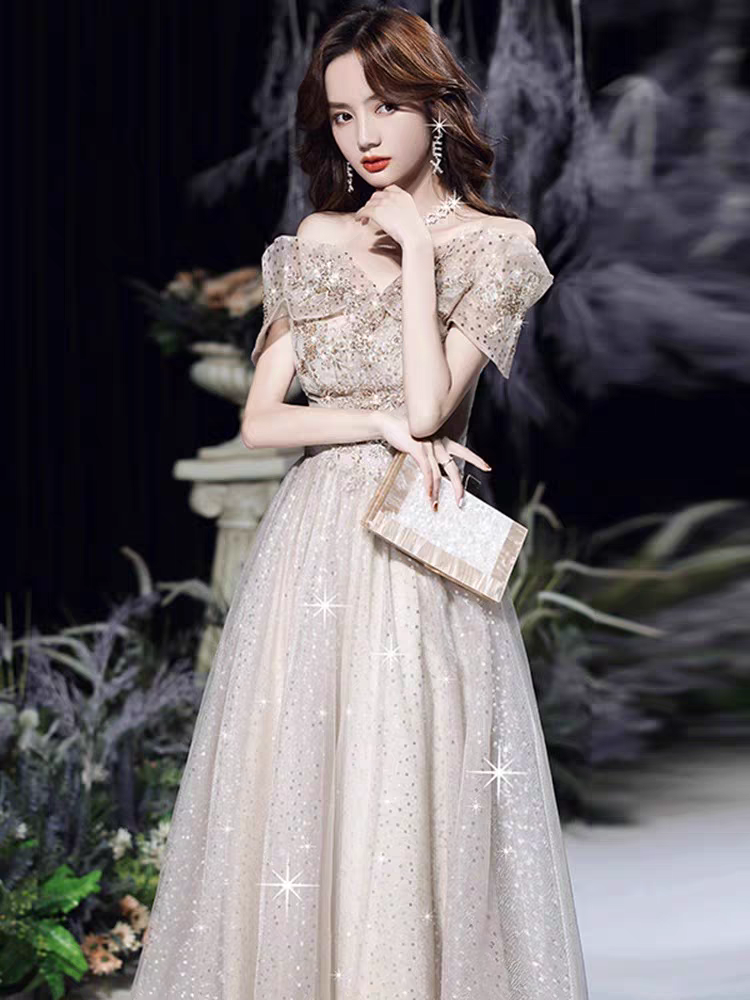 Bailebelle Fashion Luxury Eevning Dresses Boat Neck Sequins Light Champagne Off the Shoulder Mermaid Chapel Train Sleeveless Celebrity Gowns, Gray | Silver, Black image 3