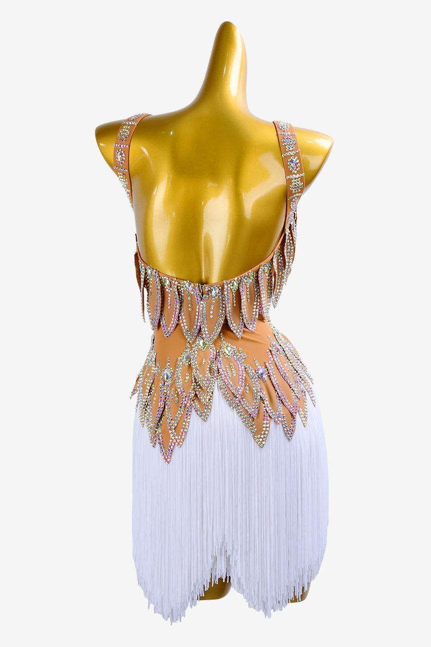 Peru matt lycra Latin dress with crystal AB and white fringes image 0