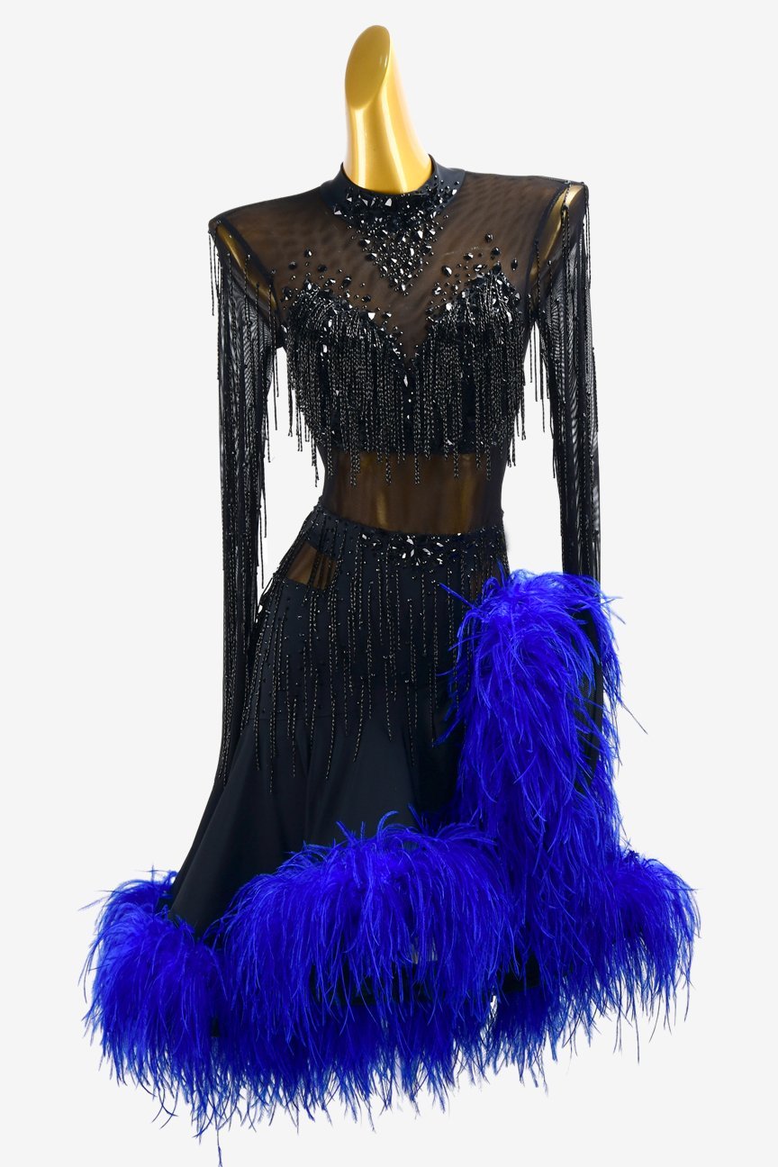 Black mesh Latin dress with royalblue feathers, black beaded fringes, rhinestone & sew-on stones image 0