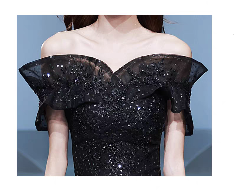 Bailebelle Fashion Luxury Eevning Dresses Boat Neck Sequins Light Champagne Off the Shoulder Mermaid Chapel Train Sleeveless Celebrity Gowns, Gray | Silver, Black image 10