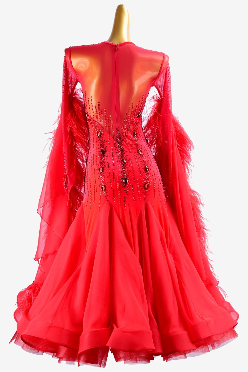 Red lycra Standard dress with pearl chiffon underskirt with feathers, crystals & sew-on stones image 3