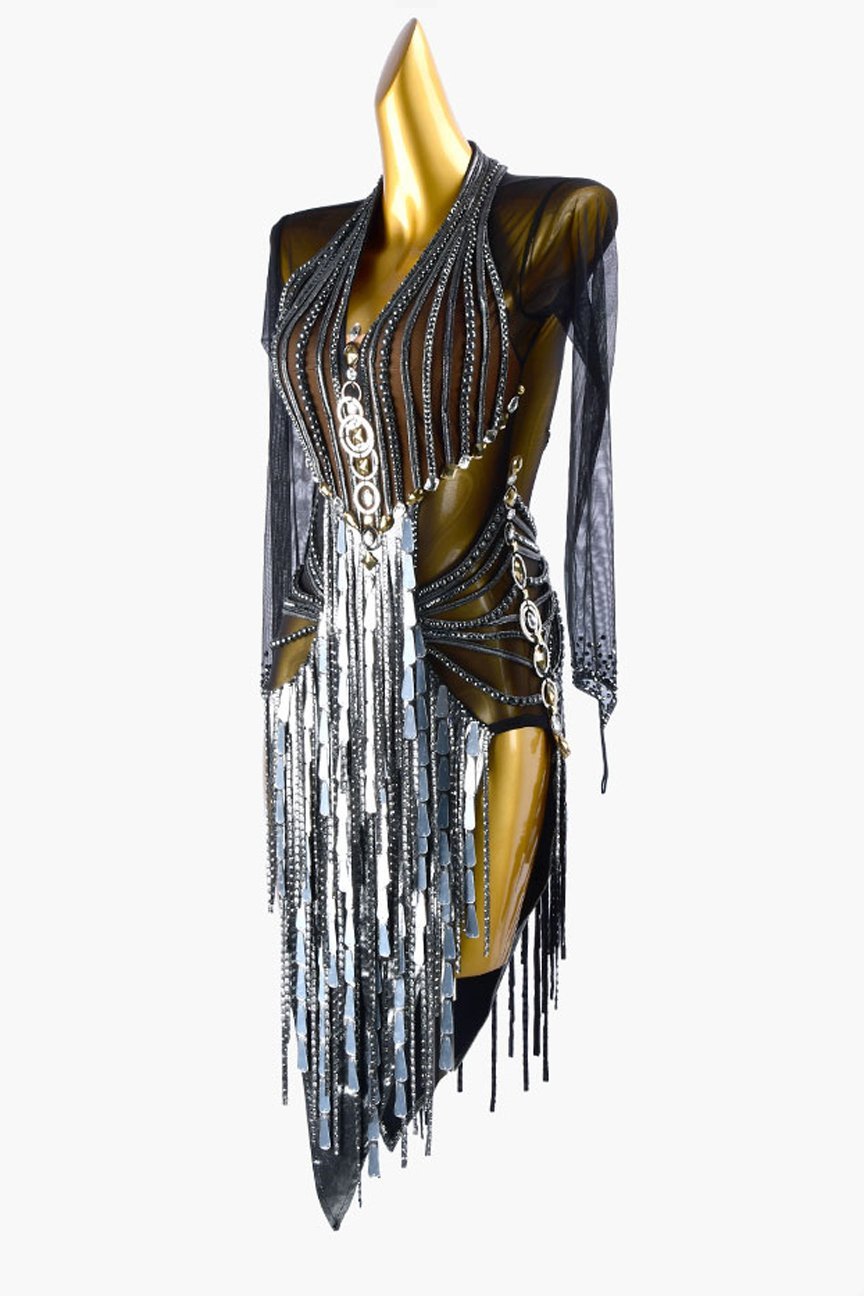 Black mesh Latin dress with sone mirror, rhinestones, stone fringes & silver sequins image 2