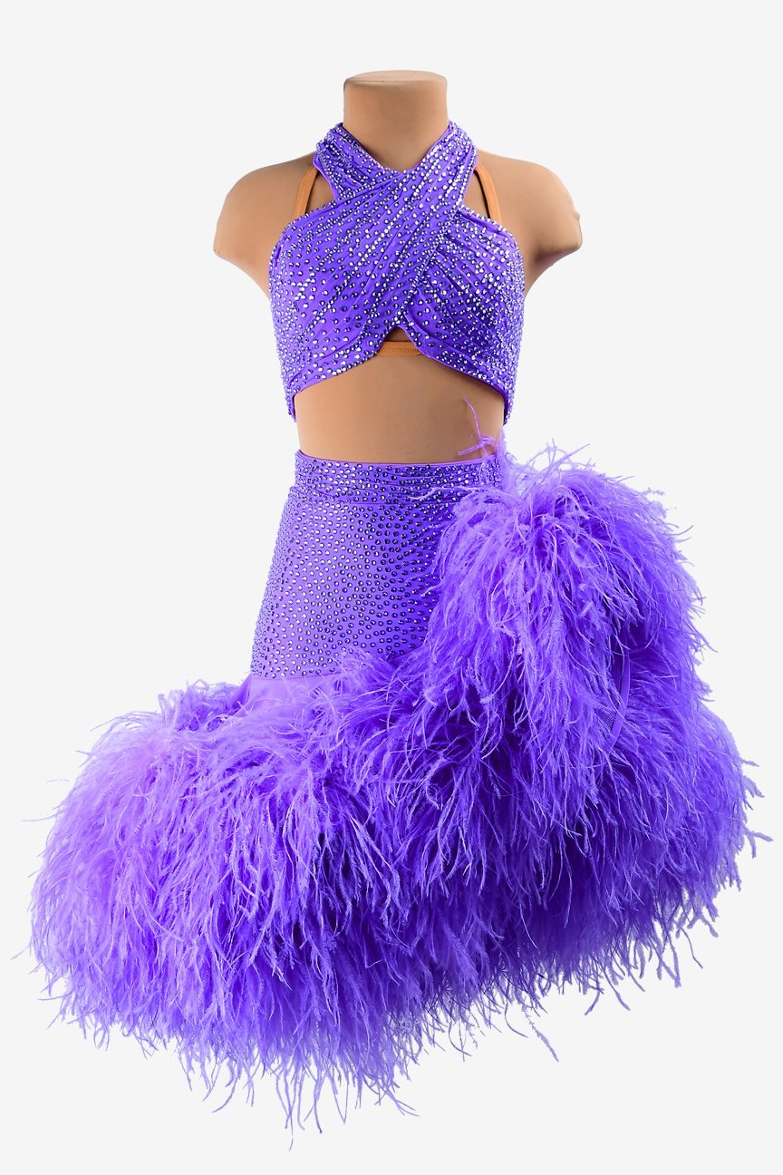 Medium purple matt lycra Latin dress with ruffle fishbone underskirt, feathers & rhinestones image 0