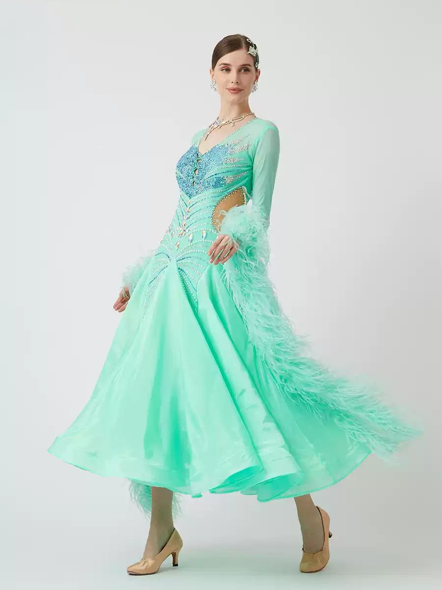 Bailebelle Fashion new ostrich feather floating pearl silk international standard dance modern dance performance uniform Light Green image 1