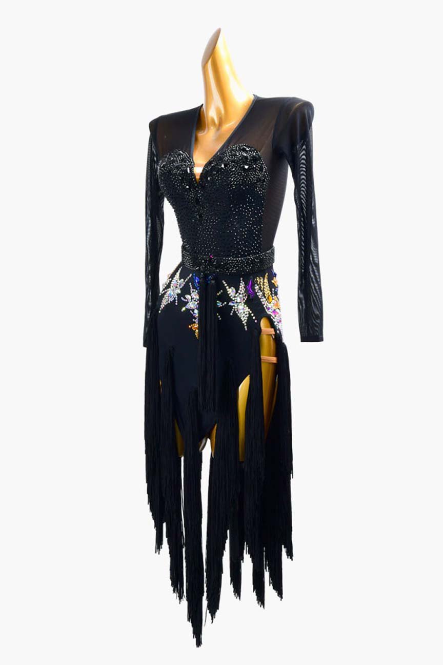 Elegant Black Fringe Bodysuit Dress with Crystal Embroidery image 3