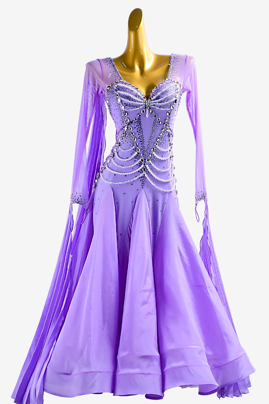 Lilac Standard dress with mesh sleeves, pearl chiffon underskirts, pleated float, white crystals and beadings image 0