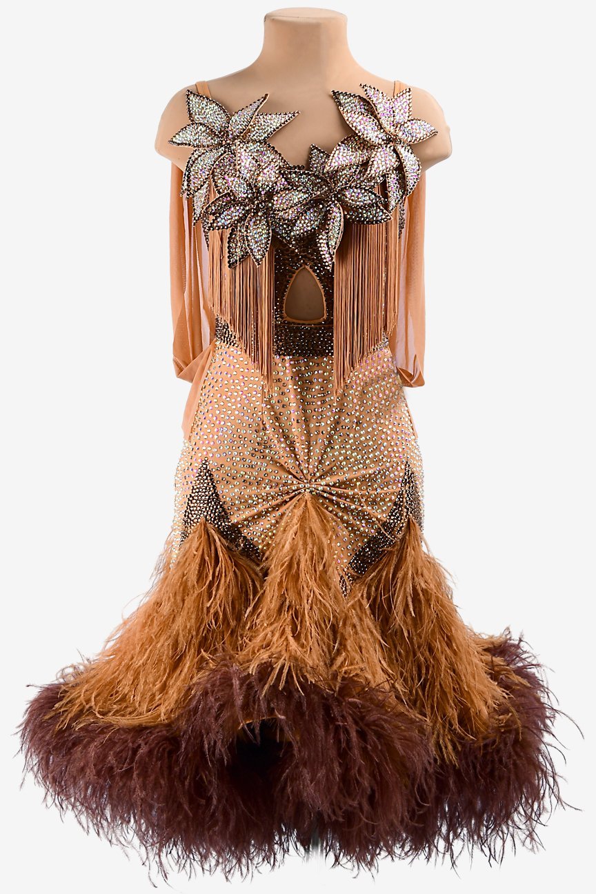 Fleshtone lycra Latin dress with draped ruching mesh, feathers & crystal AB image 0
