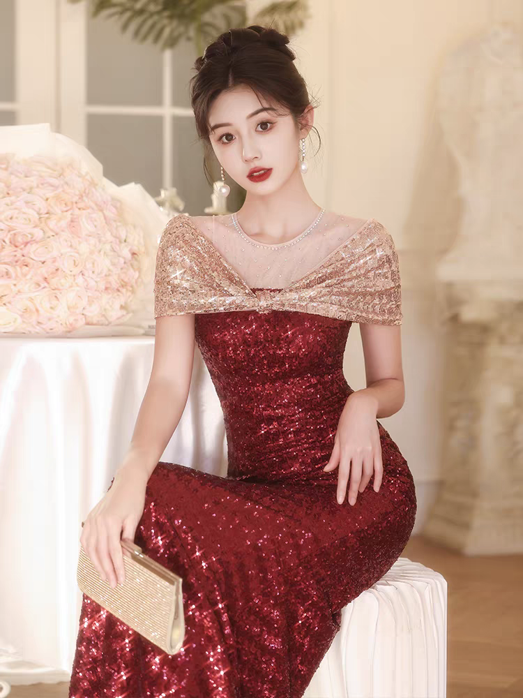 Bailebelle Fashion New Design Red for Women Off Shoulder Banquet Host Engagement Toast Long Length Mermaid Evening Dress Red Rose, Silver image 10